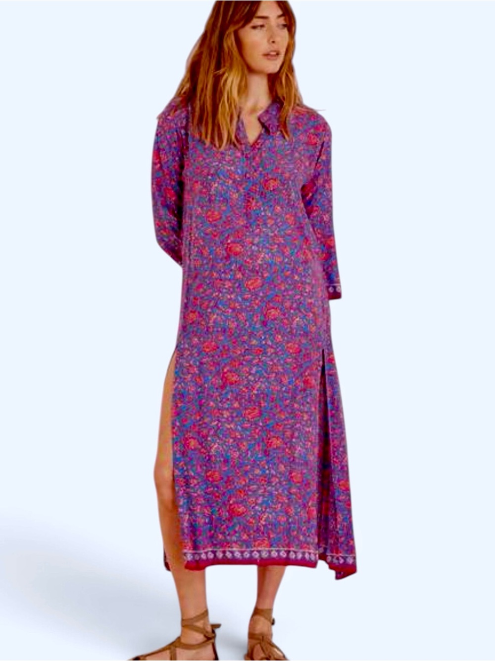 Natalie Martin Isobel Maxi Dress Caftan Bloom Print Persian Blue Red Boho Luxe L